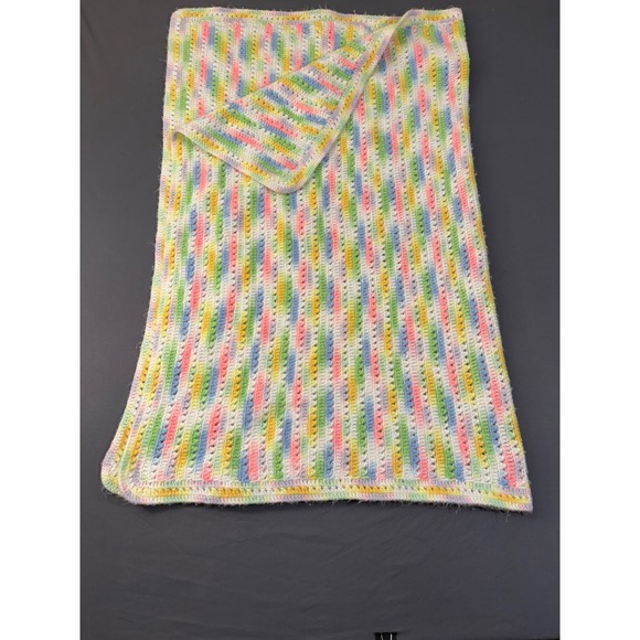 Handmade Other - Handmade Crochet Baby Blanket Pastel Rainbow Stripe Multi Color Afghan 26x42